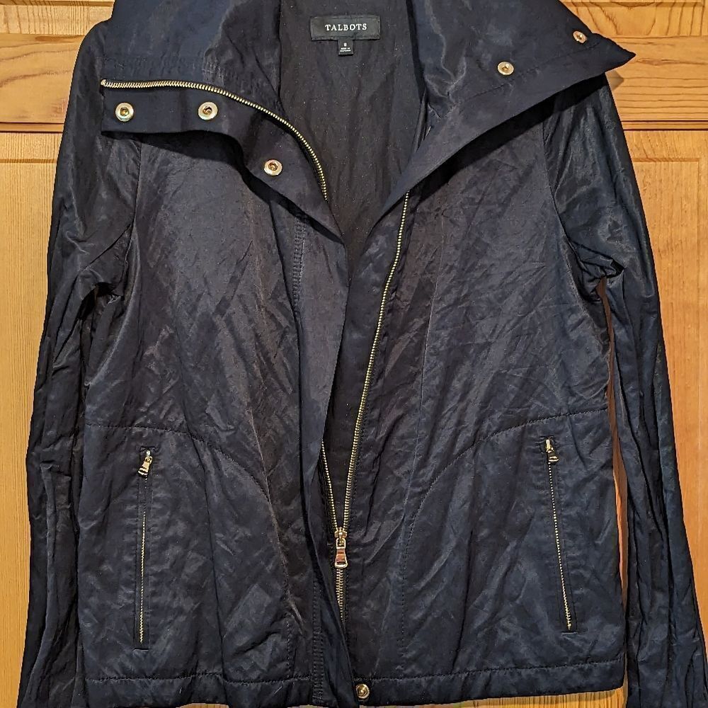 Talbots Womens Navy Blue Full Zip Windbreaker Jacket Gold Hardware Size 8